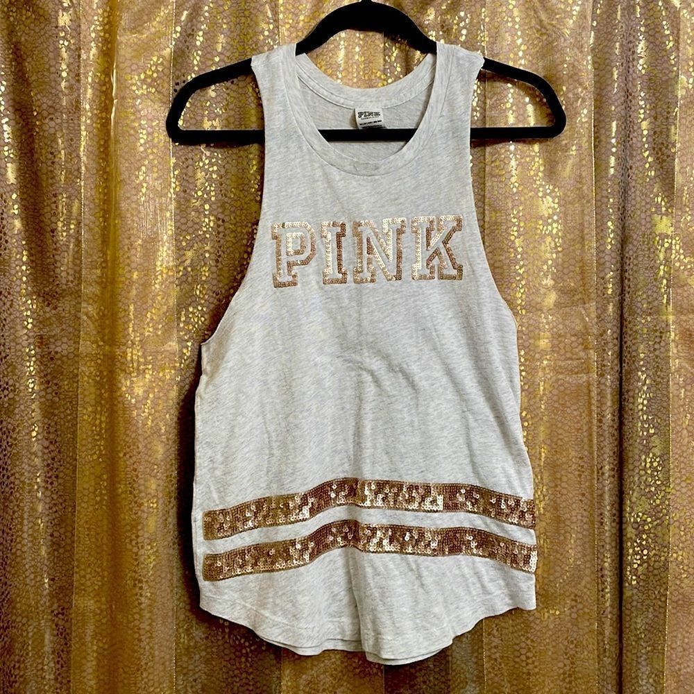 VS PINK light gray tanktop, matte rosegold sequin bling, XS